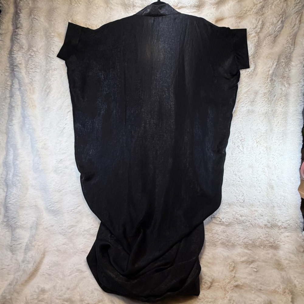 Womens Black Satin Draped Avant Garde V-Neck Midi Dress Short Sleeve Cocktail - Picture 6 of 10